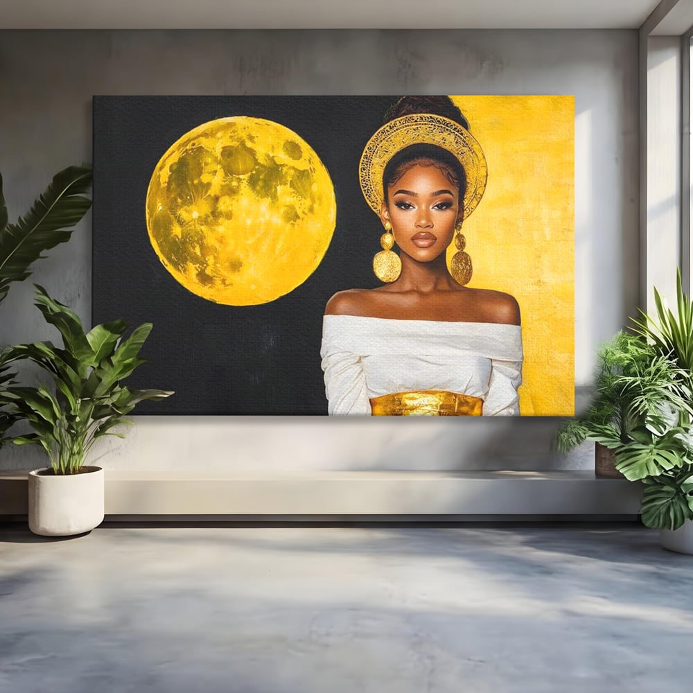 Tablou Canvas Premium, LuxCanva® G1230, Lumina din Tine, Luna, Aur, Aurora, Nocturn, Cr, Pamant, Cosic, Alb, Negru, Forta, Divinitate, Bijuterii, Cercei, Rochie, Umeri, Senzual, Salon, Living, Dormitor