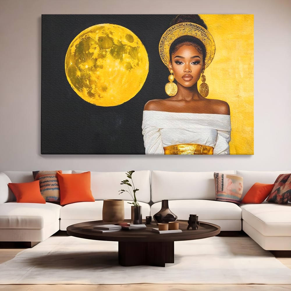 Tablou Canvas Premium, LuxCanva® G1230, Lumina din Tine, Luna, Aur, Aurora, Nocturn, Cr, Pamant, Cosic, Alb, Negru, Forta, Divinitate, Bijuterii, Cercei, Rochie, Umeri, Senzual, Salon, Living, Dormitor