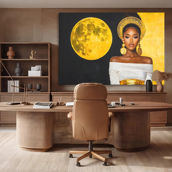 Tablou Canvas Premium, LuxCanva® G1230, Lumina din Tine, Luna, Aur, Aurora, Nocturn, Cr, Pamant, Cosic, Alb, Negru, Forta, Divinitate, Bijuterii, Cercei, Rochie, Umeri, Senzual, Salon, Living, Dormitor