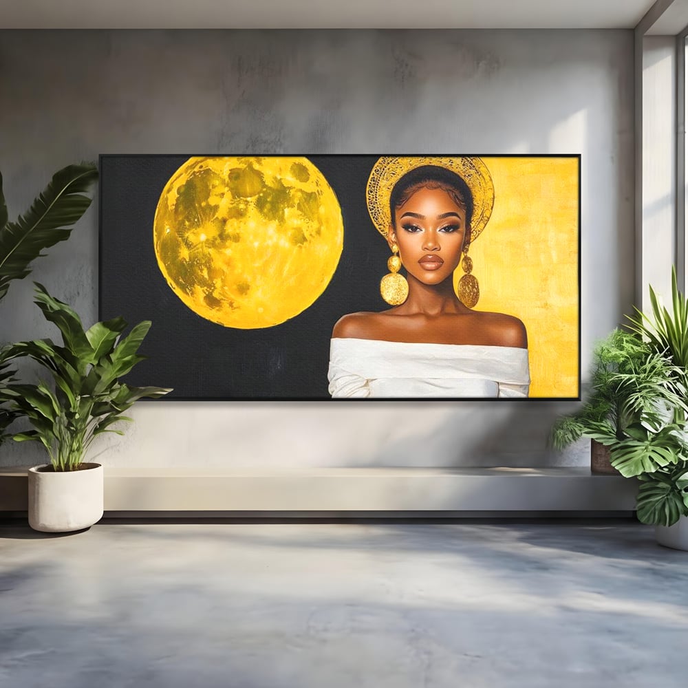Tablou Canvas Premium, LuxCanva® G1230, Lumina din Tine, Luna, Aur, Aurora, Nocturn, Cr, Pamant, Cosic, Alb, Negru, Forta, Divinitate, Bijuterii, Cercei, Rochie, Umeri, Senzual, Salon, Living, Dormitor
