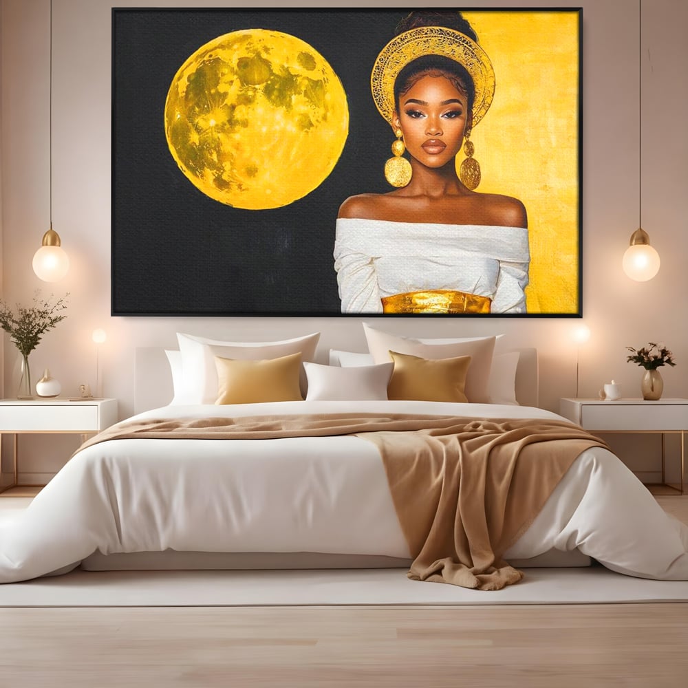 Tablou Canvas Premium, LuxCanva® G1230, Lumina din Tine, Luna, Aur, Aurora, Nocturn, Cr, Pamant, Cosic, Alb, Negru, Forta, Divinitate, Bijuterii, Cercei, Rochie, Umeri, Senzual, Salon, Living, Dormitor