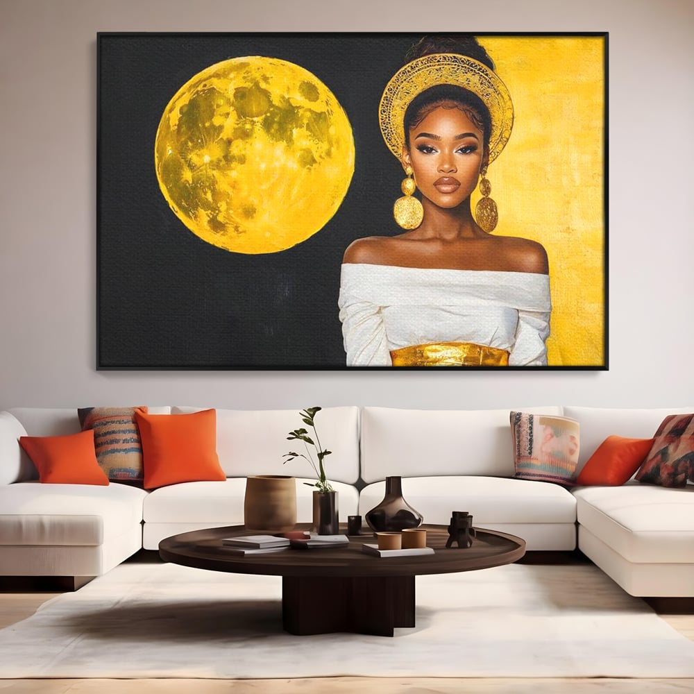 Tablou Canvas Premium, LuxCanva® G1230, Lumina din Tine, Luna, Aur, Aurora, Nocturn, Cr, Pamant, Cosic, Alb, Negru, Forta, Divinitate, Bijuterii, Cercei, Rochie, Umeri, Senzual, Salon, Living, Dormitor
