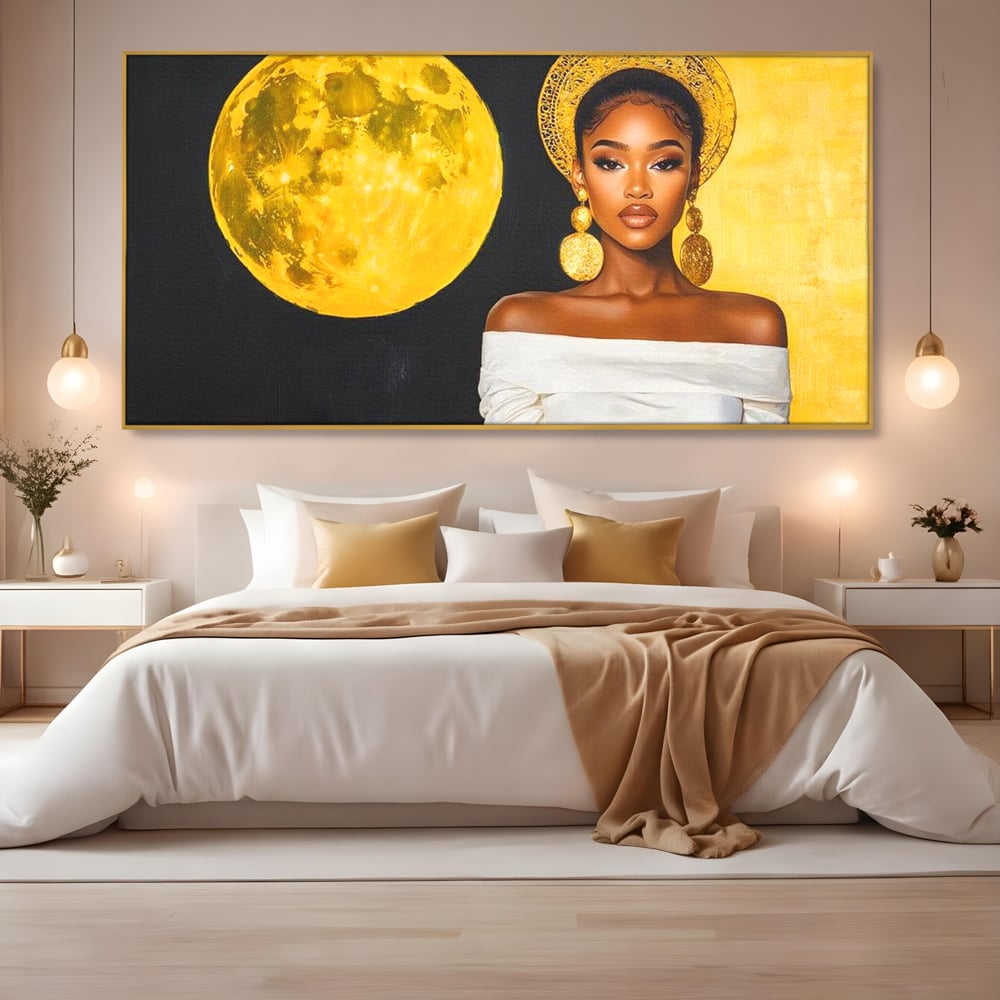 Tablou Canvas Premium, LuxCanva® G1230, Lumina din Tine, Luna, Aur, Aurora, Nocturn, Cr, Pamant, Cosic, Alb, Negru, Forta, Divinitate, Bijuterii, Cercei, Rochie, Umeri, Senzual, Salon, Living, Dormitor
