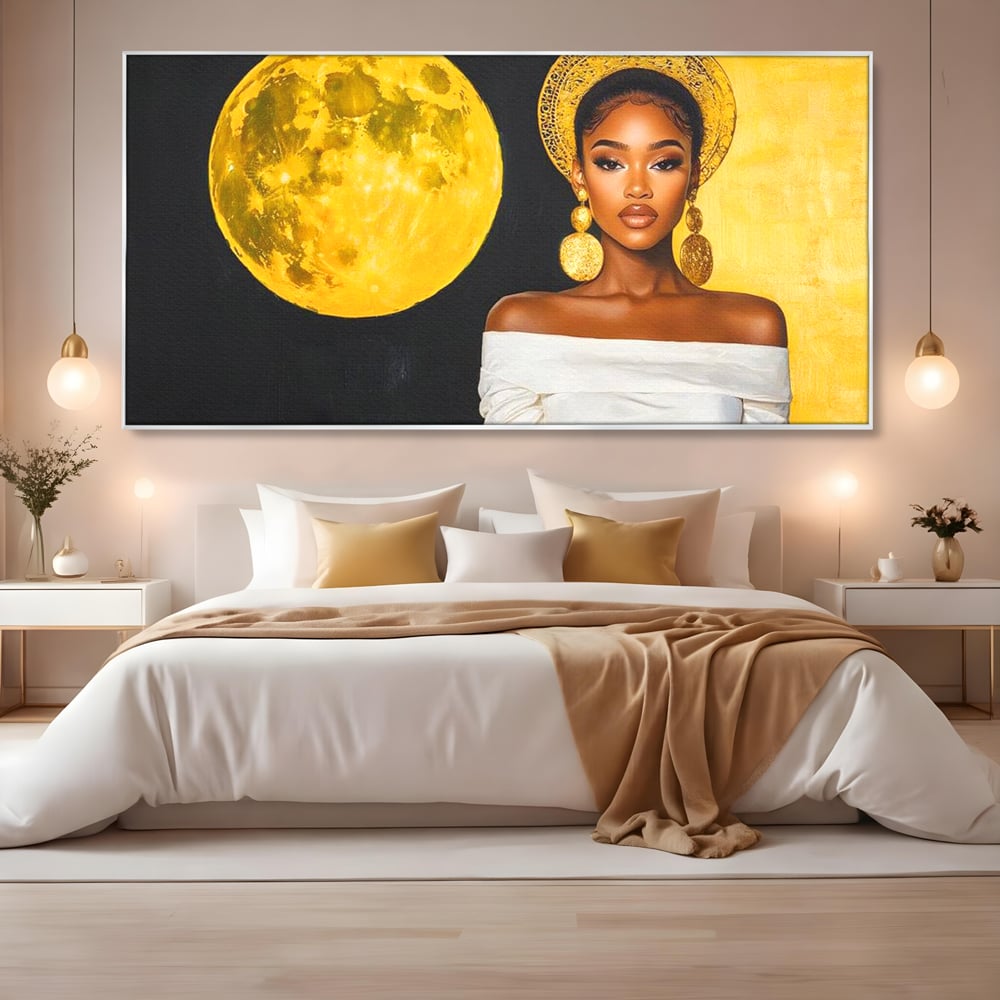 Tablou Canvas Premium, LuxCanva® G1230, Lumina din Tine, Luna, Aur, Aurora, Nocturn, Cr, Pamant, Cosic, Alb, Negru, Forta, Divinitate, Bijuterii, Cercei, Rochie, Umeri, Senzual, Salon, Living, Dormitor