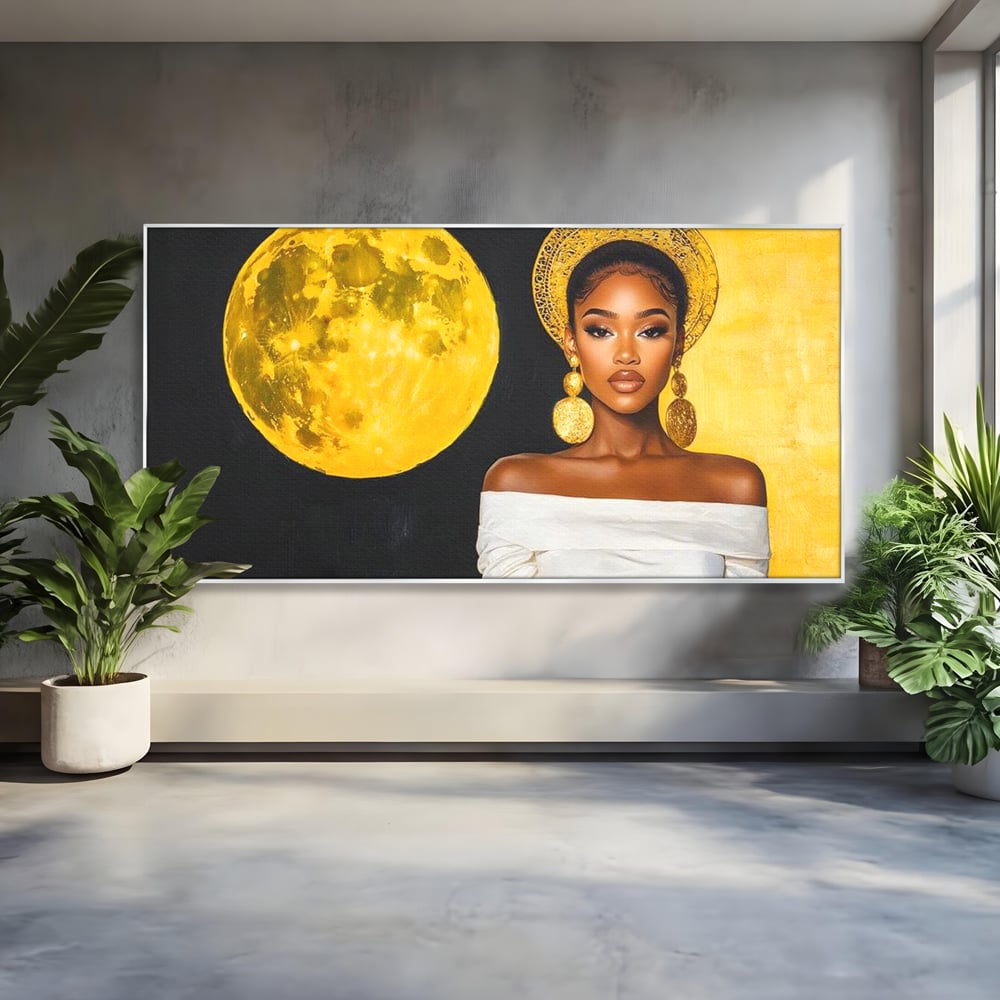 Tablou Canvas Premium, LuxCanva® G1230, Lumina din Tine, Luna, Aur, Aurora, Nocturn, Cr, Pamant, Cosic, Alb, Negru, Forta, Divinitate, Bijuterii, Cercei, Rochie, Umeri, Senzual, Salon, Living, Dormitor