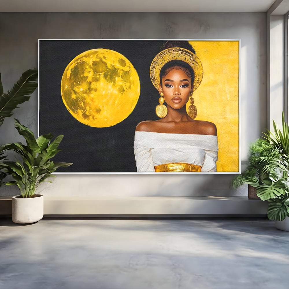 Tablou Canvas Premium, LuxCanva® G1230, Lumina din Tine, Luna, Aur, Aurora, Nocturn, Cr, Pamant, Cosic, Alb, Negru, Forta, Divinitate, Bijuterii, Cercei, Rochie, Umeri, Senzual, Salon, Living, Dormitor