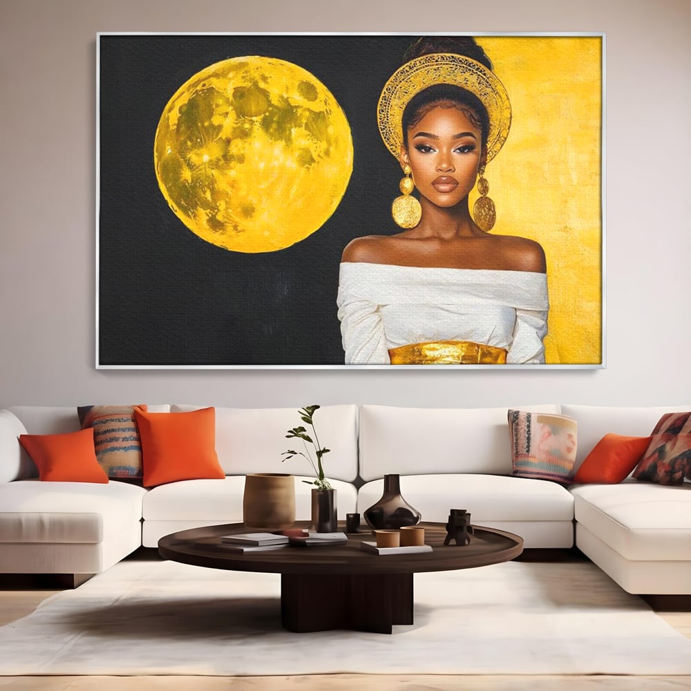 Tablou Canvas Premium, LuxCanva® G1230, Lumina din Tine, Luna, Aur, Aurora, Nocturn, Cr, Pamant, Cosic, Alb, Negru, Forta, Divinitate, Bijuterii, Cercei, Rochie, Umeri, Senzual, Salon, Living, Dormitor