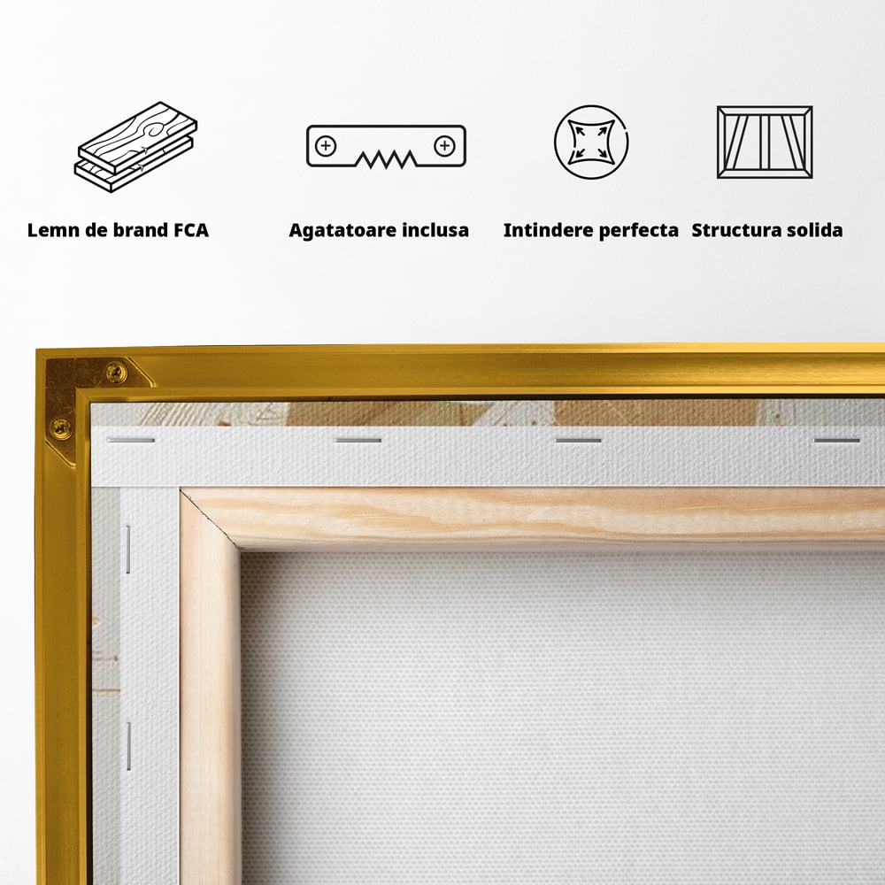 Tablou Canvas Premium, LuxCanva® G1234, Sarutul Universului, Auriu, Vibratie, Tacere, Univers, Geometric, Modern, Futurist, Design, Estetic, Spatial, Colaj, Energie, Feminism, Salon, Living, Dormitor