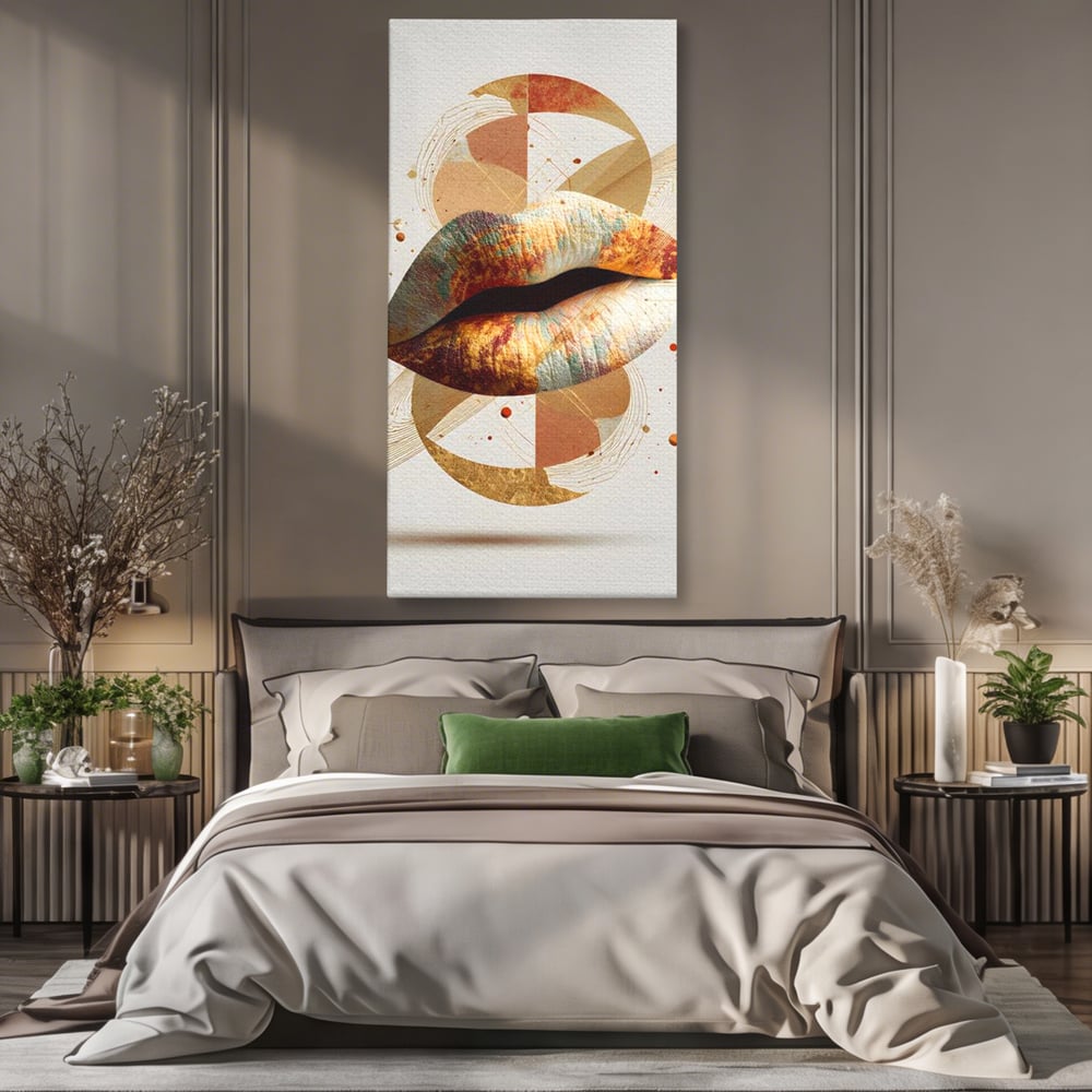 Tablou Canvas Premium, LuxCanva® G1234, Sarutul Universului, Auriu, Vibratie, Tacere, Univers, Geometric, Modern, Futurist, Design, Estetic, Spatial, Colaj, Energie, Feminism, Salon, Living, Dormitor