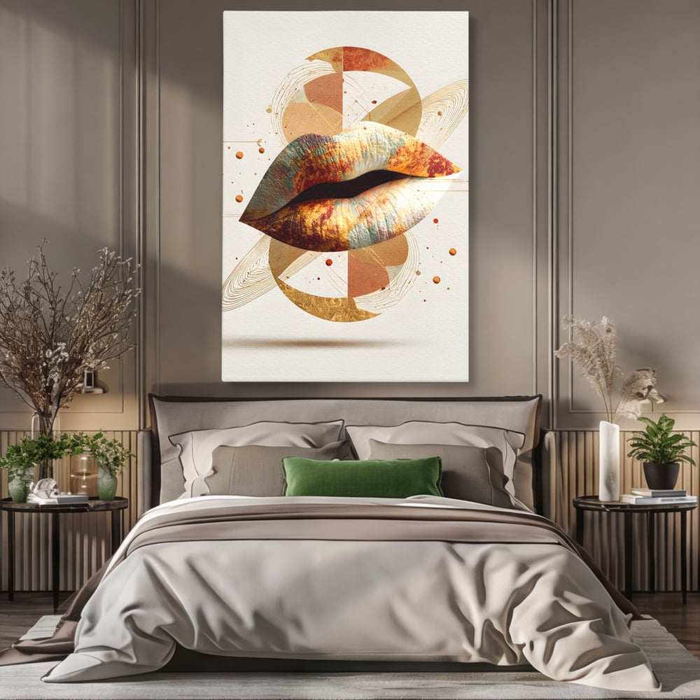 Tablou Canvas Premium, LuxCanva® G1234, Sarutul Universului, Auriu, Vibratie, Tacere, Univers, Geometric, Modern, Futurist, Design, Estetic, Spatial, Colaj, Energie, Feminism, Salon, Living, Dormitor