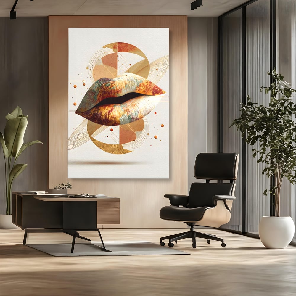 Tablou Canvas Premium, LuxCanva® G1234, Sarutul Universului, Auriu, Vibratie, Tacere, Univers, Geometric, Modern, Futurist, Design, Estetic, Spatial, Colaj, Energie, Feminism, Salon, Living, Dormitor