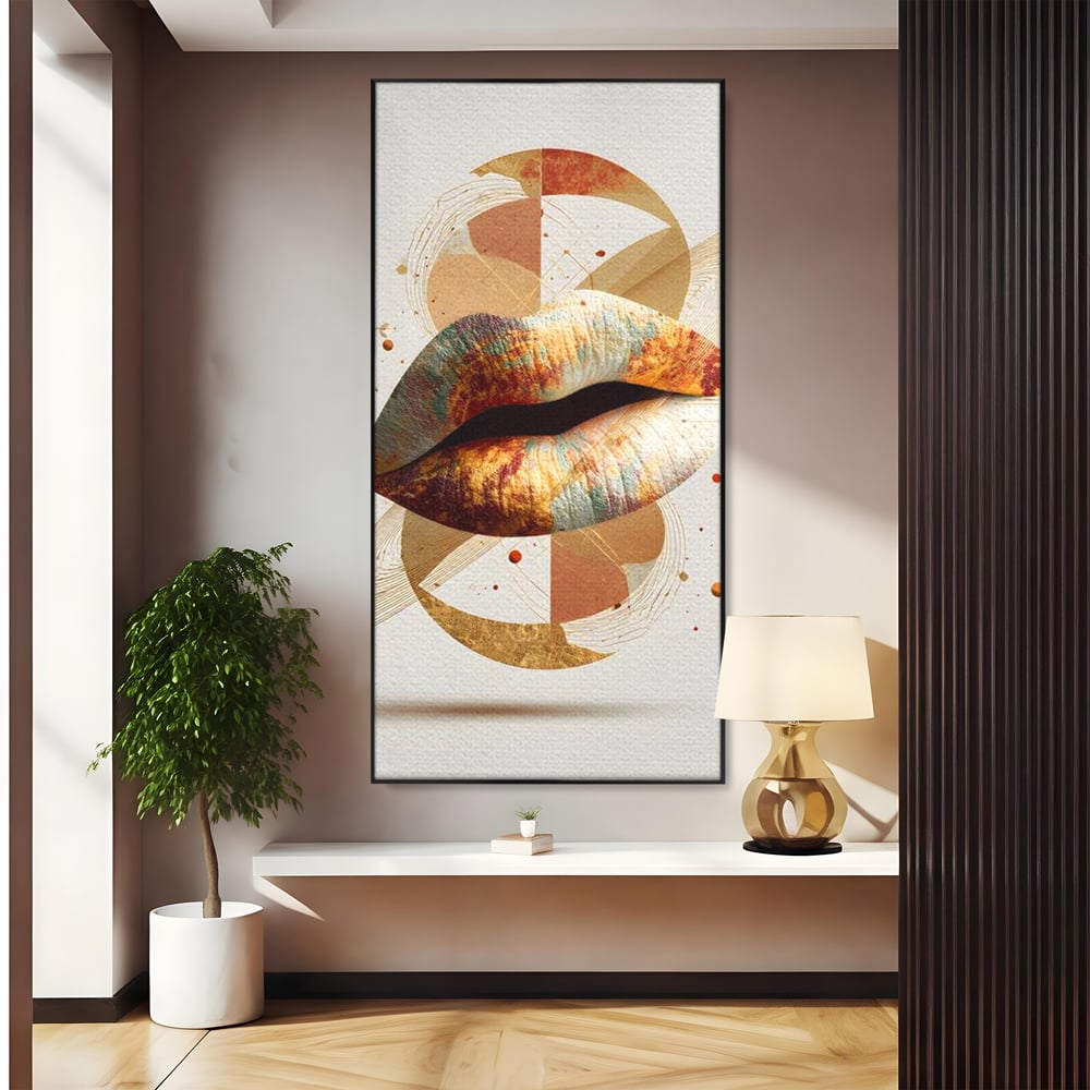 Tablou Canvas Premium, LuxCanva® G1234, Sarutul Universului, Auriu, Vibratie, Tacere, Univers, Geometric, Modern, Futurist, Design, Estetic, Spatial, Colaj, Energie, Feminism, Salon, Living, Dormitor