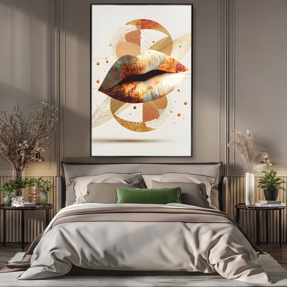 Tablou Canvas Premium, LuxCanva® G1234, Sarutul Universului, Auriu, Vibratie, Tacere, Univers, Geometric, Modern, Futurist, Design, Estetic, Spatial, Colaj, Energie, Feminism, Salon, Living, Dormitor