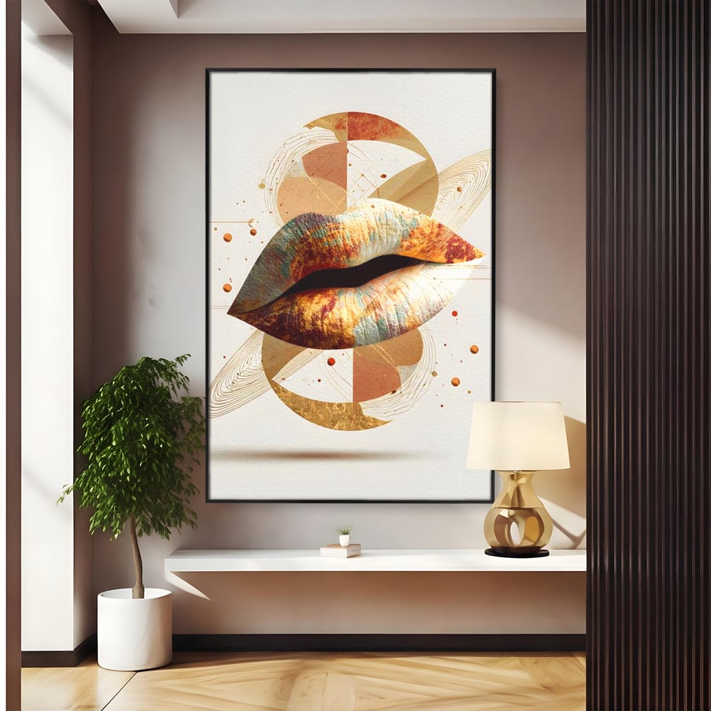 Tablou Canvas Premium, LuxCanva® G1234, Sarutul Universului, Auriu, Vibratie, Tacere, Univers, Geometric, Modern, Futurist, Design, Estetic, Spatial, Colaj, Energie, Feminism, Salon, Living, Dormitor