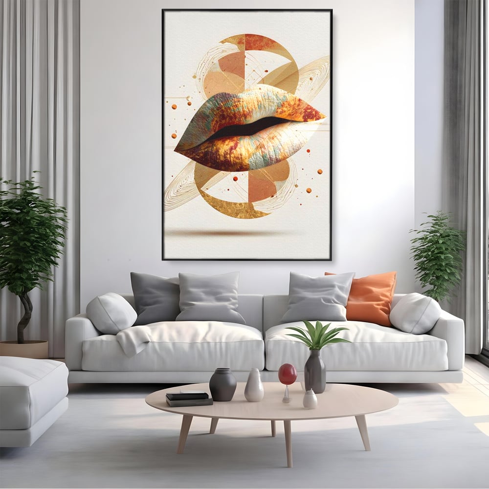 Tablou Canvas Premium, LuxCanva® G1234, Sarutul Universului, Auriu, Vibratie, Tacere, Univers, Geometric, Modern, Futurist, Design, Estetic, Spatial, Colaj, Energie, Feminism, Salon, Living, Dormitor