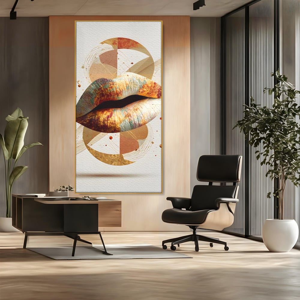 Tablou Canvas Premium, LuxCanva® G1234, Sarutul Universului, Auriu, Vibratie, Tacere, Univers, Geometric, Modern, Futurist, Design, Estetic, Spatial, Colaj, Energie, Feminism, Salon, Living, Dormitor
