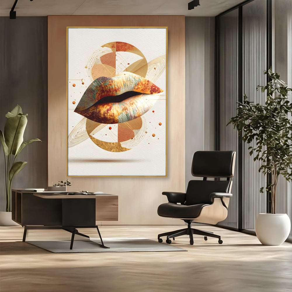 Tablou Canvas Premium, LuxCanva® G1234, Sarutul Universului, Auriu, Vibratie, Tacere, Univers, Geometric, Modern, Futurist, Design, Estetic, Spatial, Colaj, Energie, Feminism, Salon, Living, Dormitor
