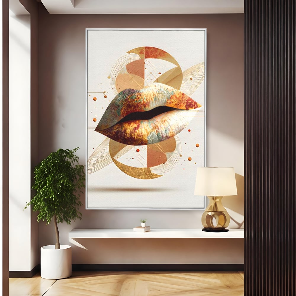 Tablou Canvas Premium, LuxCanva® G1234, Sarutul Universului, Auriu, Vibratie, Tacere, Univers, Geometric, Modern, Futurist, Design, Estetic, Spatial, Colaj, Energie, Feminism, Salon, Living, Dormitor