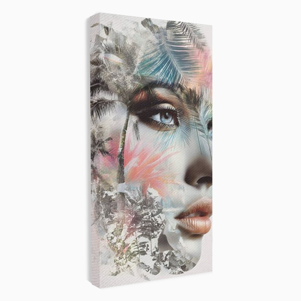 Tablou Canvas Premium, LuxCanva® G1236, Suflet Tropical,  Vis, Palmier, Natura, Paradis, Femeie, Soapta, Vant, Lumina, Verde, Jungla, Culori, Pastel, Frumusete, Poezie, Oniric, Salon, Living, Dormitor