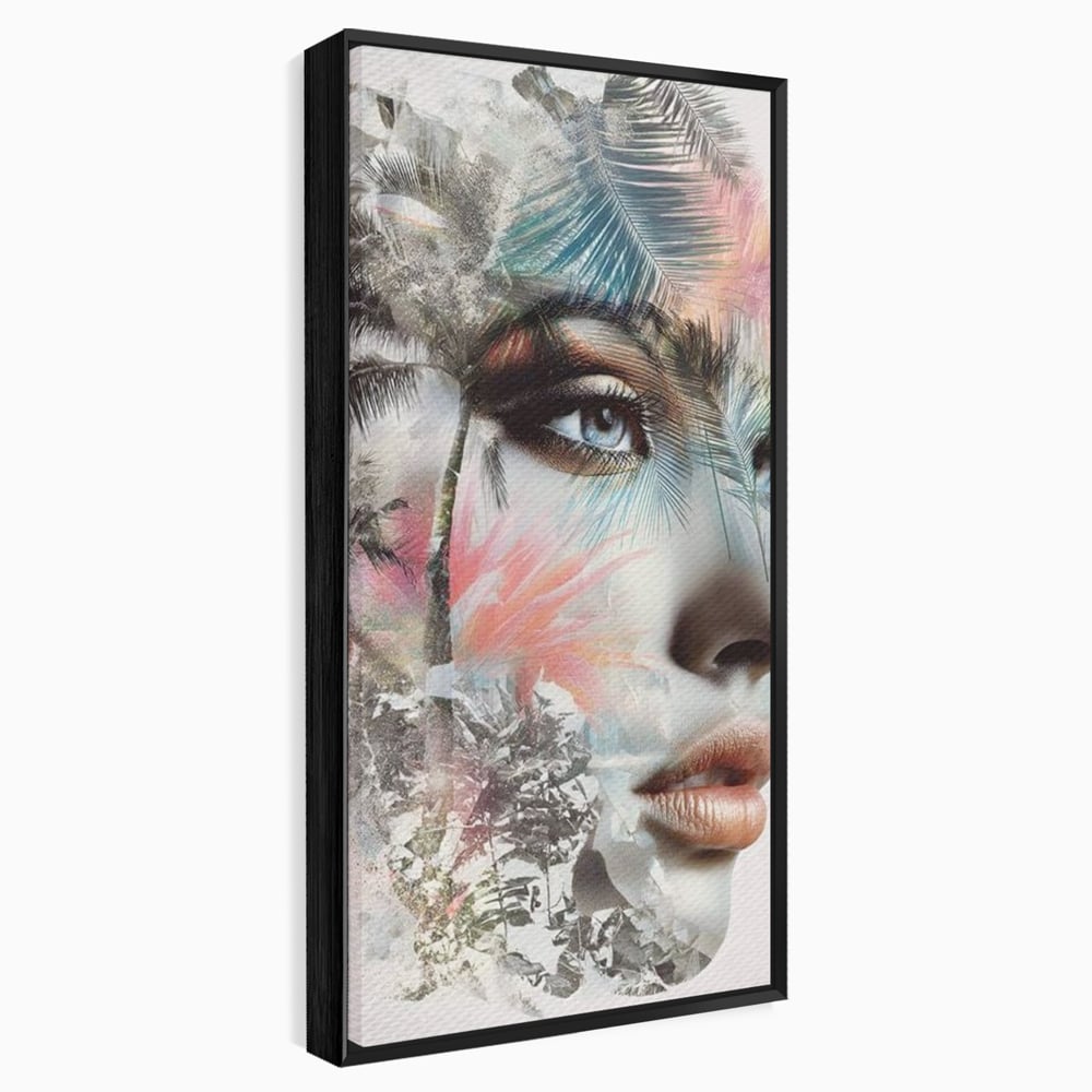 Tablou Canvas Premium, LuxCanva® G1236, Suflet Tropical,  Vis, Palmier, Natura, Paradis, Femeie, Soapta, Vant, Lumina, Verde, Jungla, Culori, Pastel, Frumusete, Poezie, Oniric, Salon, Living, Dormitor