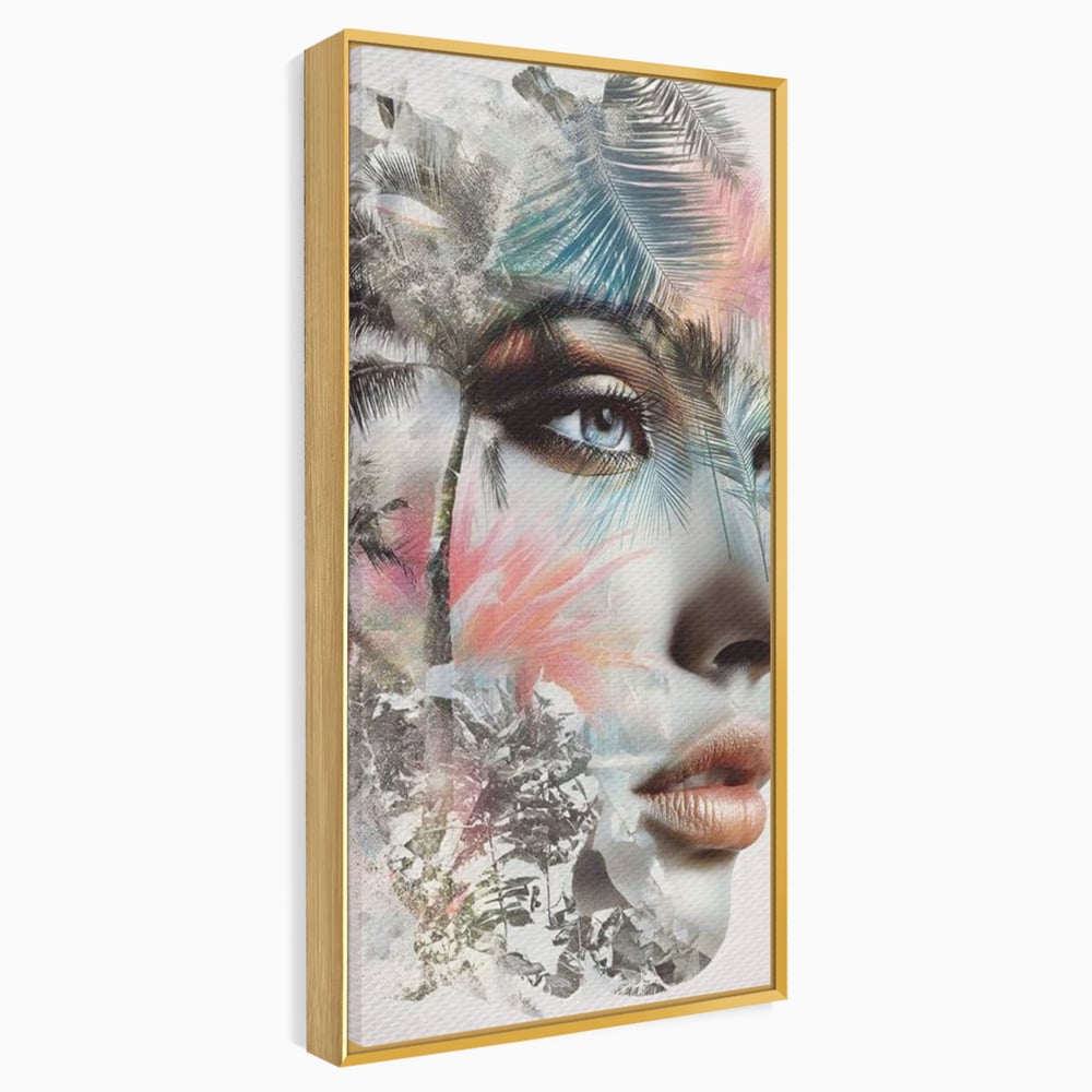 Tablou Canvas Premium, LuxCanva® G1236, Suflet Tropical,  Vis, Palmier, Natura, Paradis, Femeie, Soapta, Vant, Lumina, Verde, Jungla, Culori, Pastel, Frumusete, Poezie, Oniric, Salon, Living, Dormitor