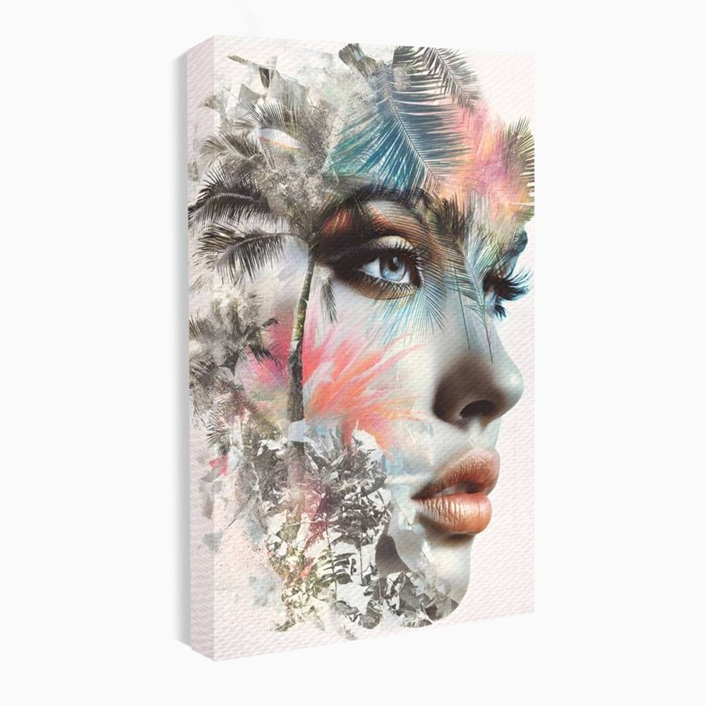 Tablou Canvas Premium, LuxCanva® G1236, Suflet Tropical,  Vis, Palmier, Natura, Paradis, Femeie, Soapta, Vant, Lumina, Verde, Jungla, Culori, Pastel, Frumusete, Poezie, Oniric, Salon, Living, Dormitor