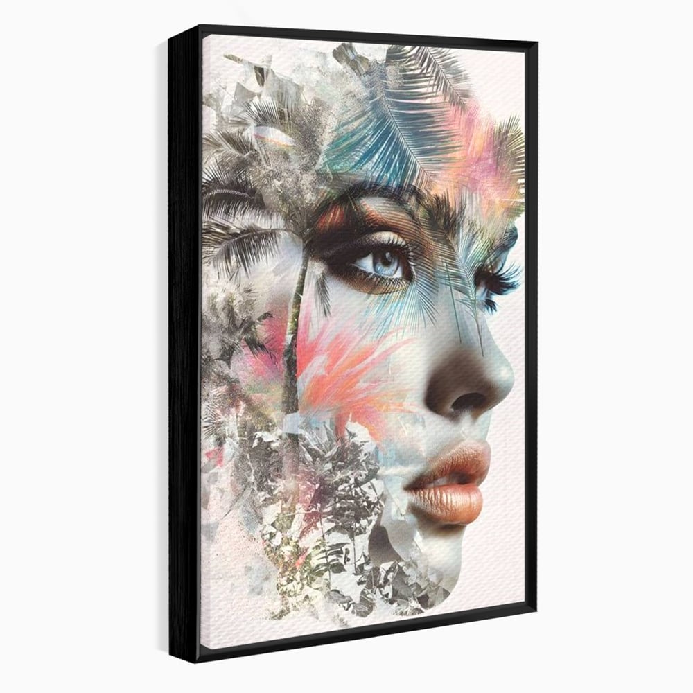 Tablou Canvas Premium, LuxCanva® G1236, Suflet Tropical,  Vis, Palmier, Natura, Paradis, Femeie, Soapta, Vant, Lumina, Verde, Jungla, Culori, Pastel, Frumusete, Poezie, Oniric, Salon, Living, Dormitor