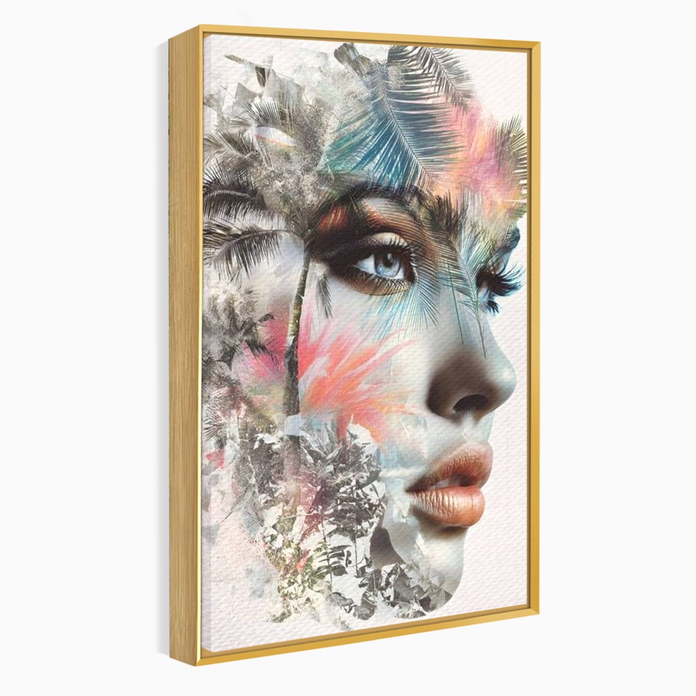 Tablou Canvas Premium, LuxCanva® G1236, Suflet Tropical,  Vis, Palmier, Natura, Paradis, Femeie, Soapta, Vant, Lumina, Verde, Jungla, Culori, Pastel, Frumusete, Poezie, Oniric, Salon, Living, Dormitor