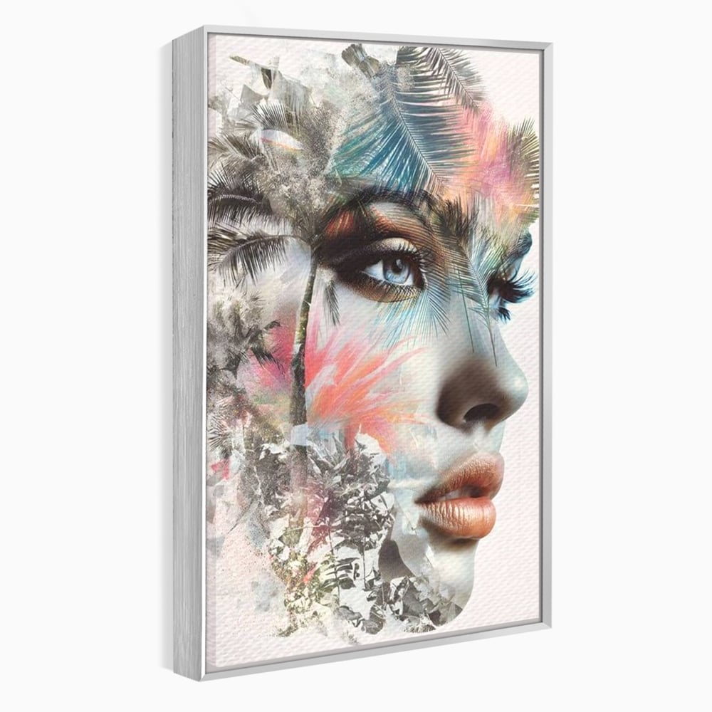 Tablou Canvas Premium, LuxCanva® G1236, Suflet Tropical,  Vis, Palmier, Natura, Paradis, Femeie, Soapta, Vant, Lumina, Verde, Jungla, Culori, Pastel, Frumusete, Poezie, Oniric, Salon, Living, Dormitor