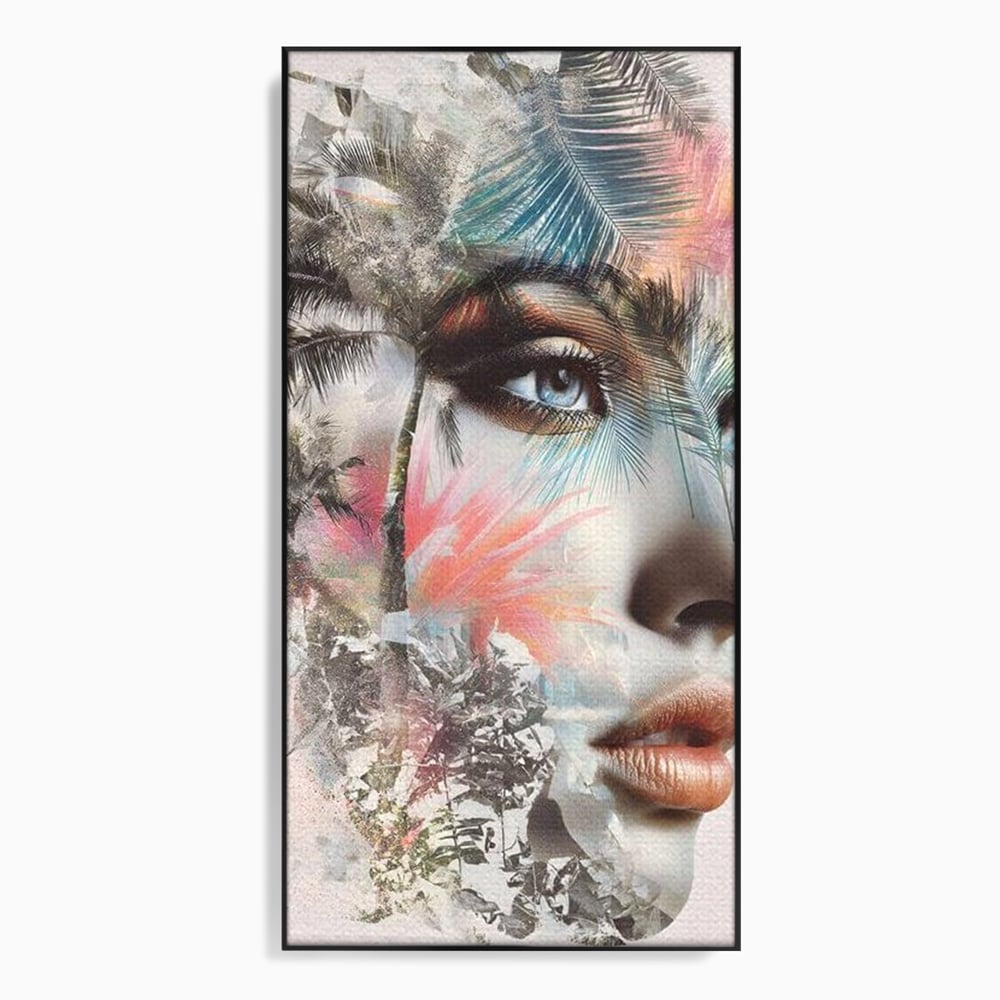 Tablou Canvas Premium, LuxCanva® G1236, Suflet Tropical,  Vis, Palmier, Natura, Paradis, Femeie, Soapta, Vant, Lumina, Verde, Jungla, Culori, Pastel, Frumusete, Poezie, Oniric, Salon, Living, Dormitor