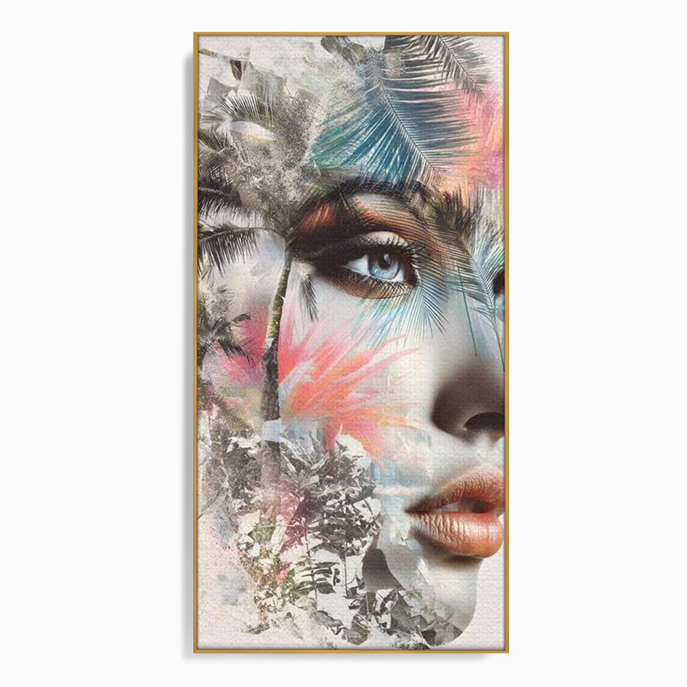 Tablou Canvas Premium, LuxCanva® G1236, Suflet Tropical,  Vis, Palmier, Natura, Paradis, Femeie, Soapta, Vant, Lumina, Verde, Jungla, Culori, Pastel, Frumusete, Poezie, Oniric, Salon, Living, Dormitor