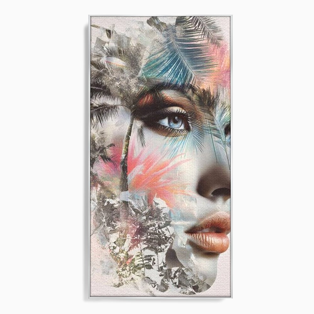 Tablou Canvas Premium, LuxCanva® G1236, Suflet Tropical,  Vis, Palmier, Natura, Paradis, Femeie, Soapta, Vant, Lumina, Verde, Jungla, Culori, Pastel, Frumusete, Poezie, Oniric, Salon, Living, Dormitor
