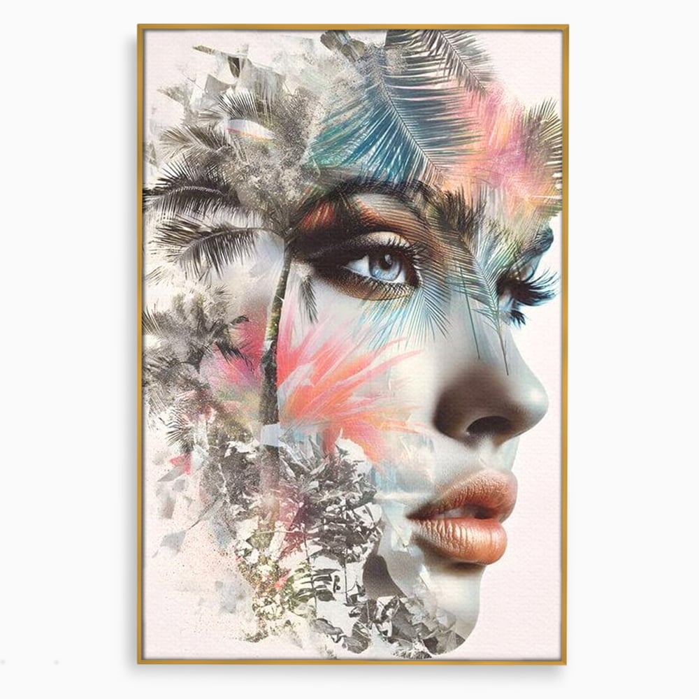 Tablou Canvas Premium, LuxCanva® G1236, Suflet Tropical,  Vis, Palmier, Natura, Paradis, Femeie, Soapta, Vant, Lumina, Verde, Jungla, Culori, Pastel, Frumusete, Poezie, Oniric, Salon, Living, Dormitor