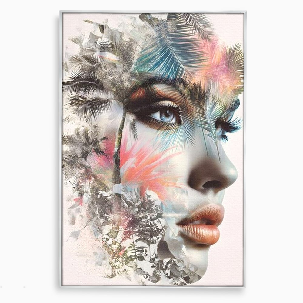 Tablou Canvas Premium, LuxCanva® G1236, Suflet Tropical,  Vis, Palmier, Natura, Paradis, Femeie, Soapta, Vant, Lumina, Verde, Jungla, Culori, Pastel, Frumusete, Poezie, Oniric, Salon, Living, Dormitor