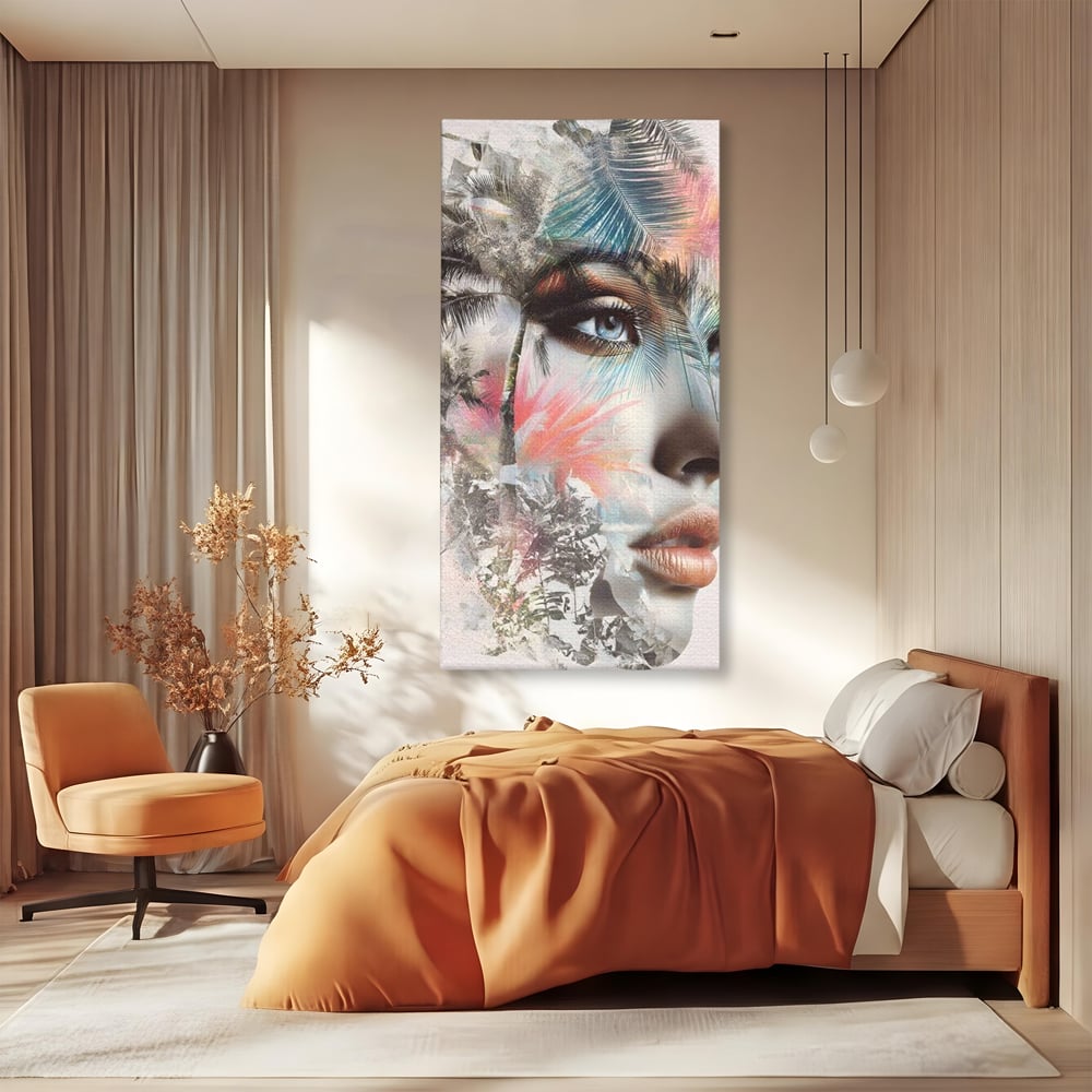 Tablou Canvas Premium, LuxCanva® G1236, Suflet Tropical,  Vis, Palmier, Natura, Paradis, Femeie, Soapta, Vant, Lumina, Verde, Jungla, Culori, Pastel, Frumusete, Poezie, Oniric, Salon, Living, Dormitor
