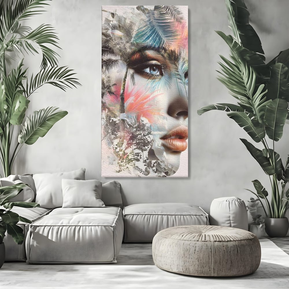 Tablou Canvas Premium, LuxCanva® G1236, Suflet Tropical,  Vis, Palmier, Natura, Paradis, Femeie, Soapta, Vant, Lumina, Verde, Jungla, Culori, Pastel, Frumusete, Poezie, Oniric, Salon, Living, Dormitor