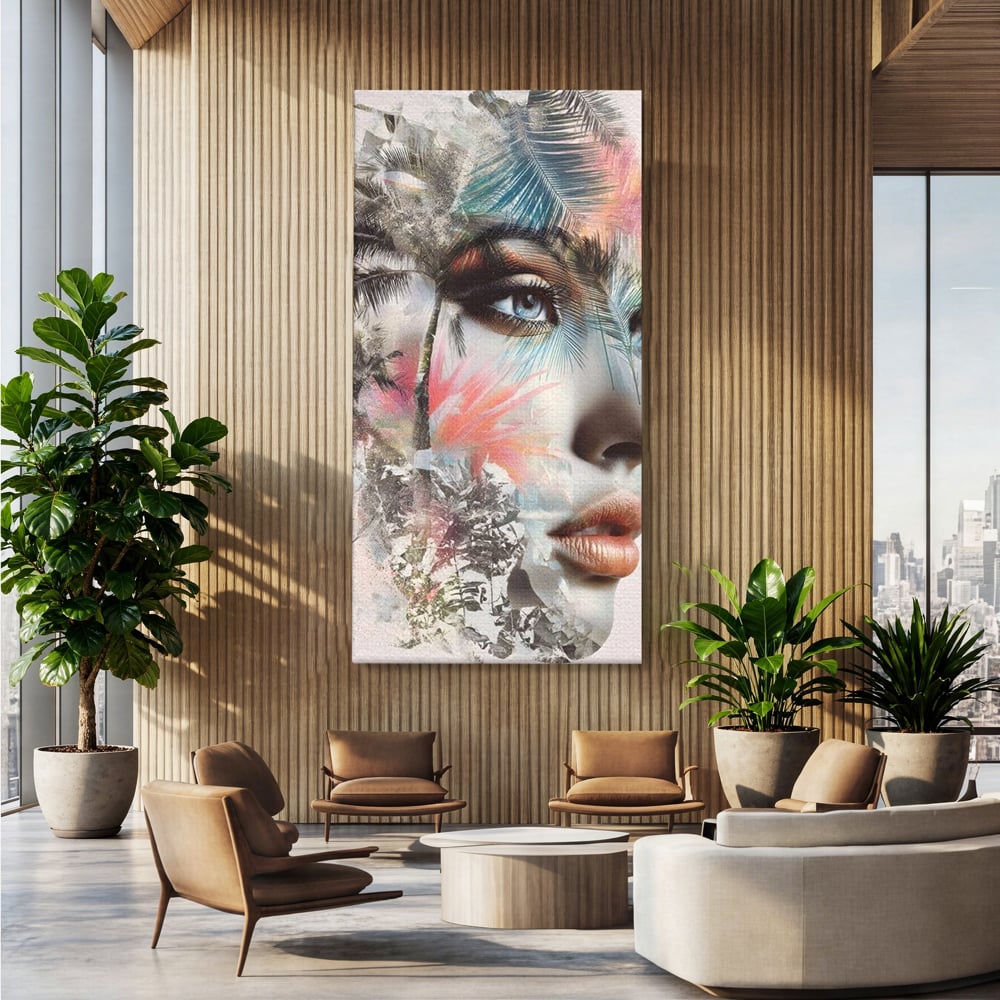 Tablou Canvas Premium, LuxCanva® G1236, Suflet Tropical,  Vis, Palmier, Natura, Paradis, Femeie, Soapta, Vant, Lumina, Verde, Jungla, Culori, Pastel, Frumusete, Poezie, Oniric, Salon, Living, Dormitor