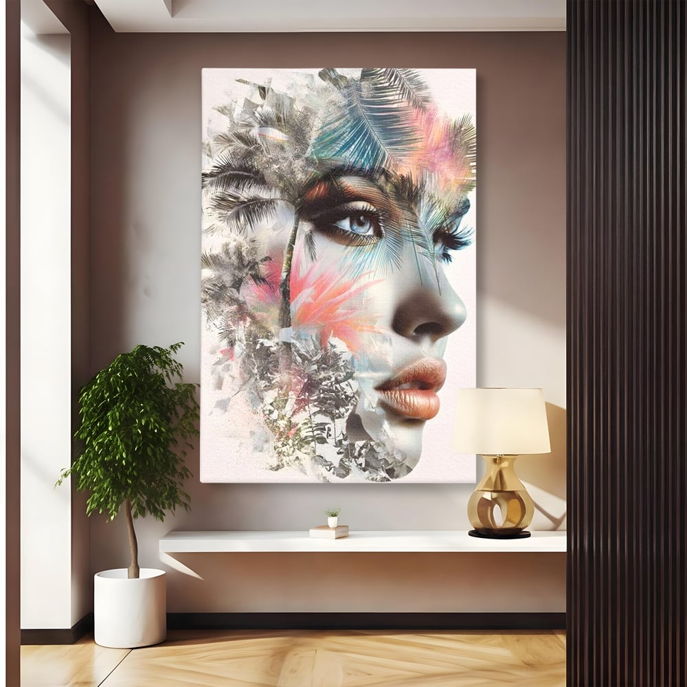 Tablou Canvas Premium, LuxCanva® G1236, Suflet Tropical,  Vis, Palmier, Natura, Paradis, Femeie, Soapta, Vant, Lumina, Verde, Jungla, Culori, Pastel, Frumusete, Poezie, Oniric, Salon, Living, Dormitor