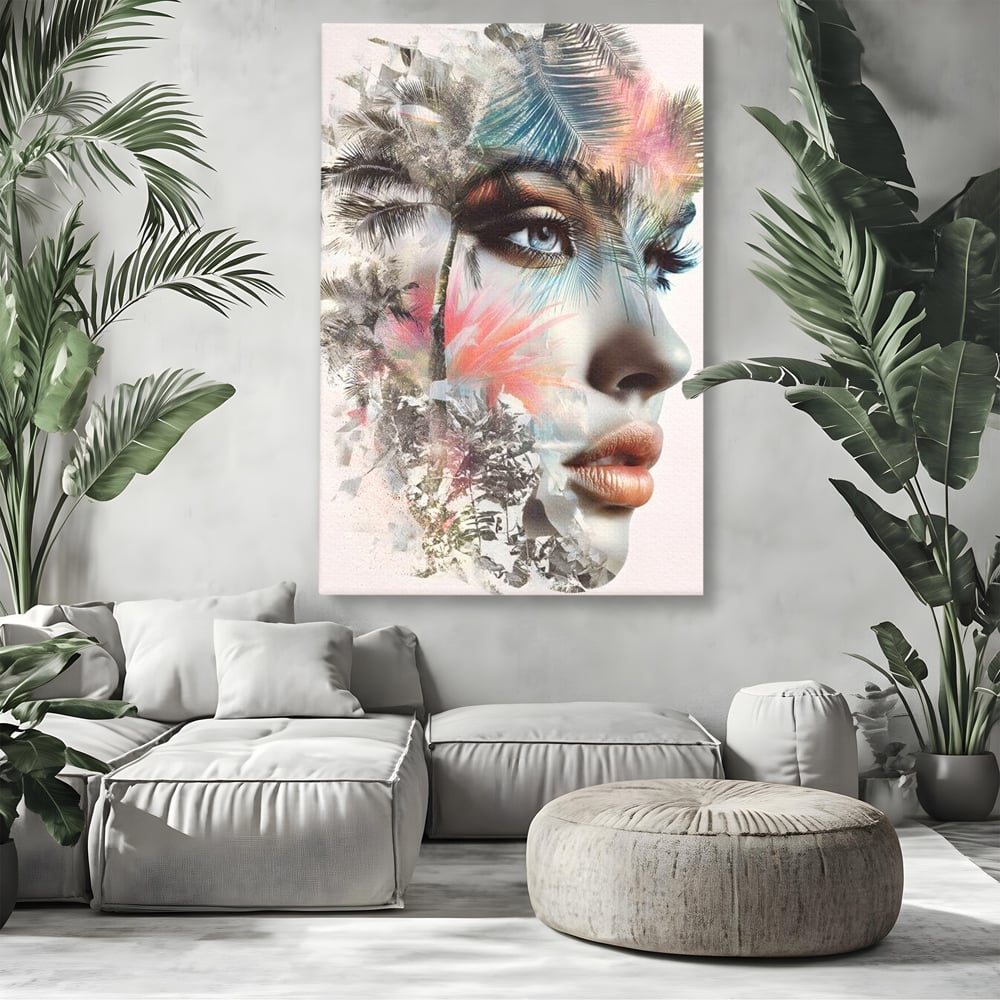 Tablou Canvas Premium, LuxCanva® G1236, Suflet Tropical,  Vis, Palmier, Natura, Paradis, Femeie, Soapta, Vant, Lumina, Verde, Jungla, Culori, Pastel, Frumusete, Poezie, Oniric, Salon, Living, Dormitor