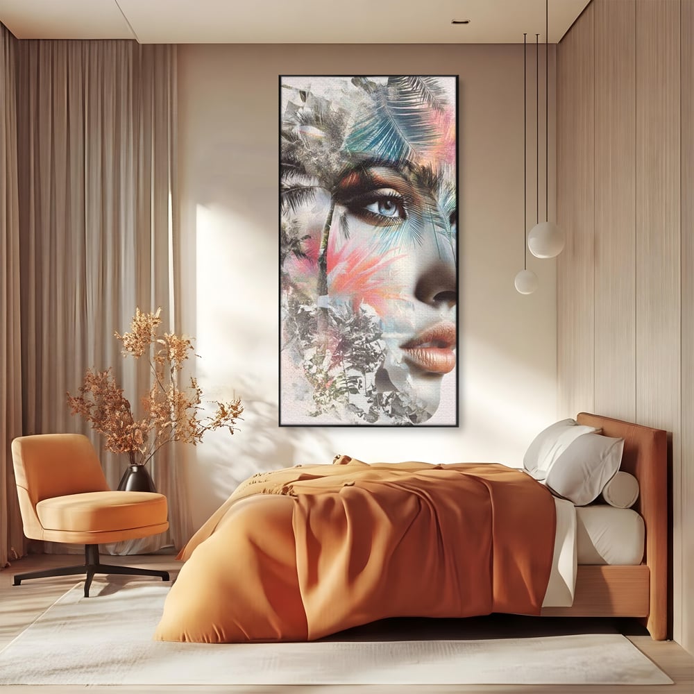 Tablou Canvas Premium, LuxCanva® G1236, Suflet Tropical,  Vis, Palmier, Natura, Paradis, Femeie, Soapta, Vant, Lumina, Verde, Jungla, Culori, Pastel, Frumusete, Poezie, Oniric, Salon, Living, Dormitor