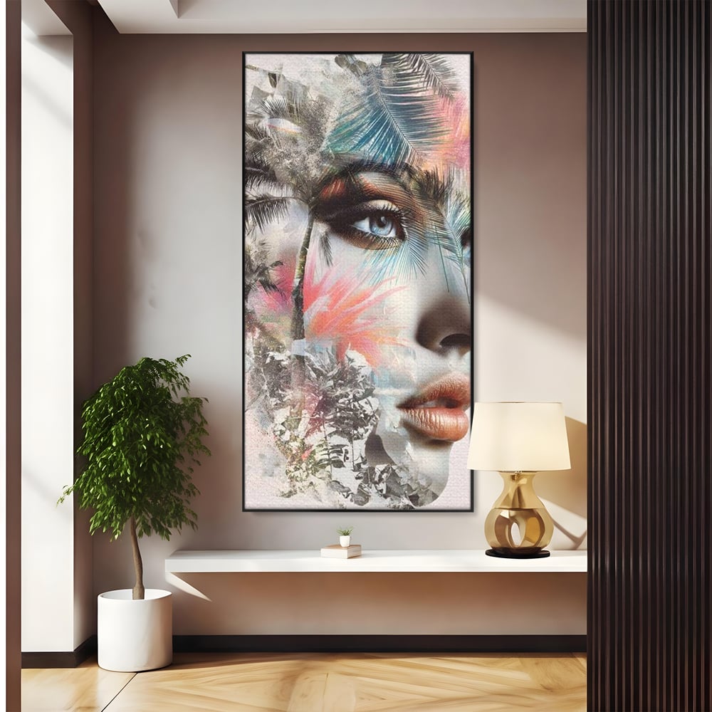 Tablou Canvas Premium, LuxCanva® G1236, Suflet Tropical,  Vis, Palmier, Natura, Paradis, Femeie, Soapta, Vant, Lumina, Verde, Jungla, Culori, Pastel, Frumusete, Poezie, Oniric, Salon, Living, Dormitor