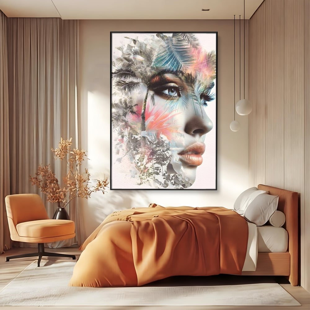 Tablou Canvas Premium, LuxCanva® G1236, Suflet Tropical,  Vis, Palmier, Natura, Paradis, Femeie, Soapta, Vant, Lumina, Verde, Jungla, Culori, Pastel, Frumusete, Poezie, Oniric, Salon, Living, Dormitor