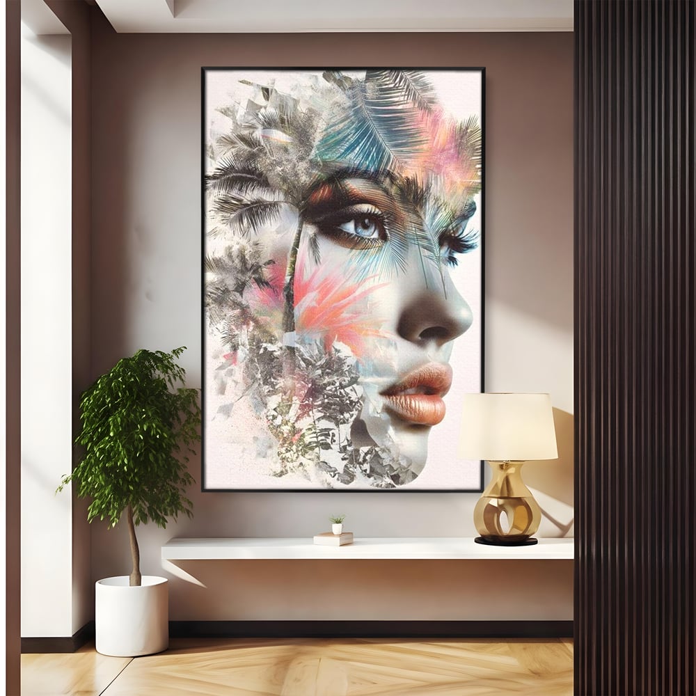 Tablou Canvas Premium, LuxCanva® G1236, Suflet Tropical,  Vis, Palmier, Natura, Paradis, Femeie, Soapta, Vant, Lumina, Verde, Jungla, Culori, Pastel, Frumusete, Poezie, Oniric, Salon, Living, Dormitor