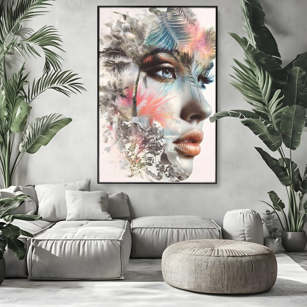 Tablou Canvas Premium, LuxCanva® G1236, Suflet Tropical,  Vis, Palmier, Natura, Paradis, Femeie, Soapta, Vant, Lumina, Verde, Jungla, Culori, Pastel, Frumusete, Poezie, Oniric, Salon, Living, Dormitor