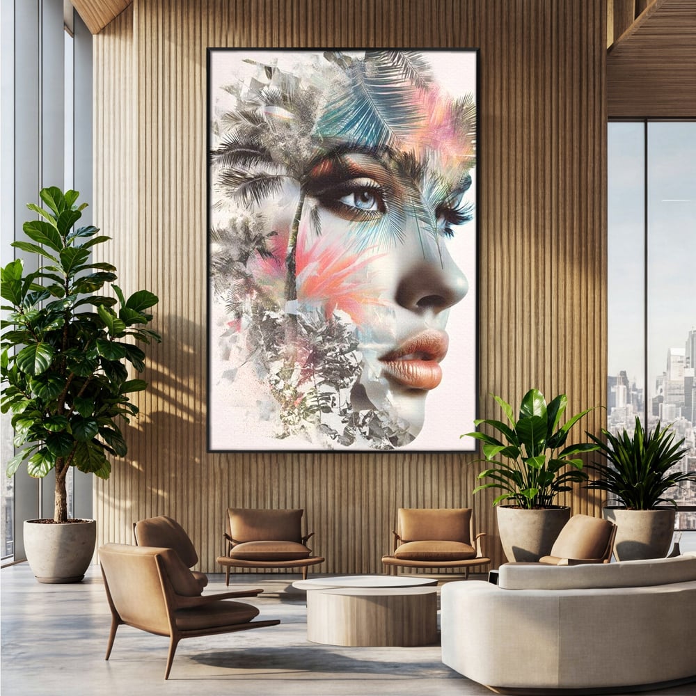 Tablou Canvas Premium, LuxCanva® G1236, Suflet Tropical,  Vis, Palmier, Natura, Paradis, Femeie, Soapta, Vant, Lumina, Verde, Jungla, Culori, Pastel, Frumusete, Poezie, Oniric, Salon, Living, Dormitor