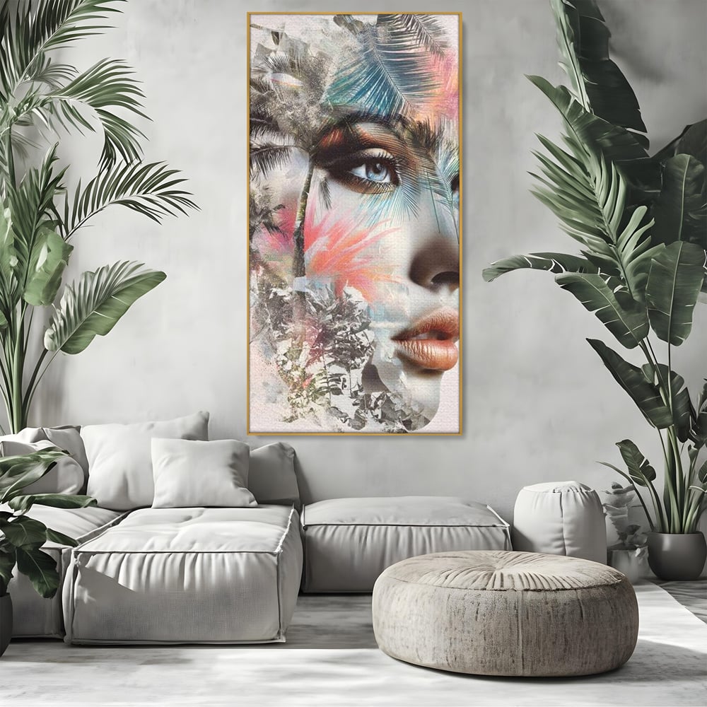 Tablou Canvas Premium, LuxCanva® G1236, Suflet Tropical,  Vis, Palmier, Natura, Paradis, Femeie, Soapta, Vant, Lumina, Verde, Jungla, Culori, Pastel, Frumusete, Poezie, Oniric, Salon, Living, Dormitor