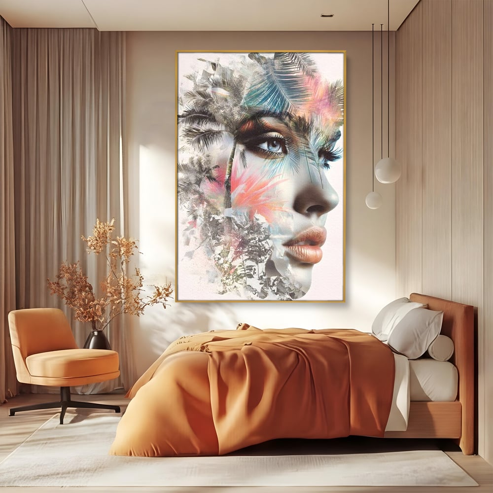 Tablou Canvas Premium, LuxCanva® G1236, Suflet Tropical,  Vis, Palmier, Natura, Paradis, Femeie, Soapta, Vant, Lumina, Verde, Jungla, Culori, Pastel, Frumusete, Poezie, Oniric, Salon, Living, Dormitor