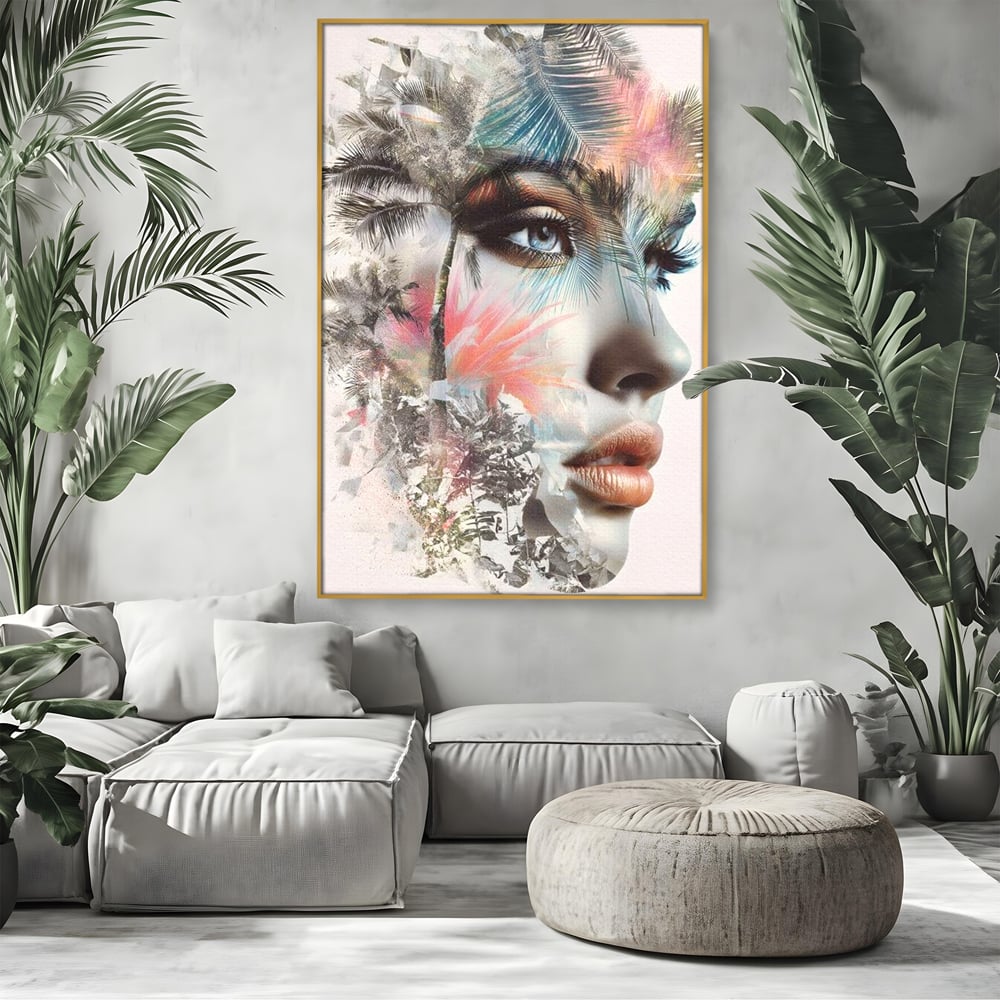 Tablou Canvas Premium, LuxCanva® G1236, Suflet Tropical,  Vis, Palmier, Natura, Paradis, Femeie, Soapta, Vant, Lumina, Verde, Jungla, Culori, Pastel, Frumusete, Poezie, Oniric, Salon, Living, Dormitor