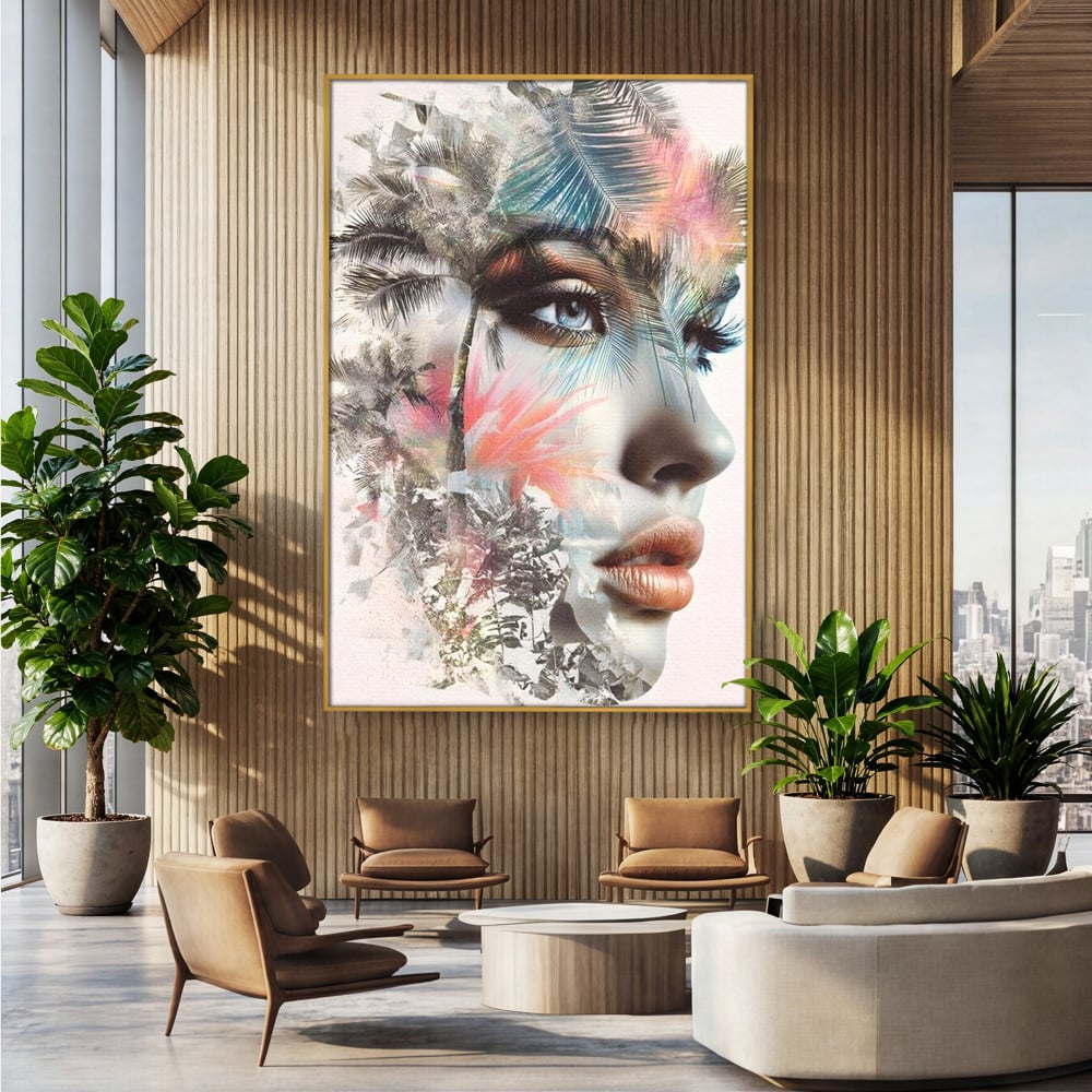 Tablou Canvas Premium, LuxCanva® G1236, Suflet Tropical,  Vis, Palmier, Natura, Paradis, Femeie, Soapta, Vant, Lumina, Verde, Jungla, Culori, Pastel, Frumusete, Poezie, Oniric, Salon, Living, Dormitor