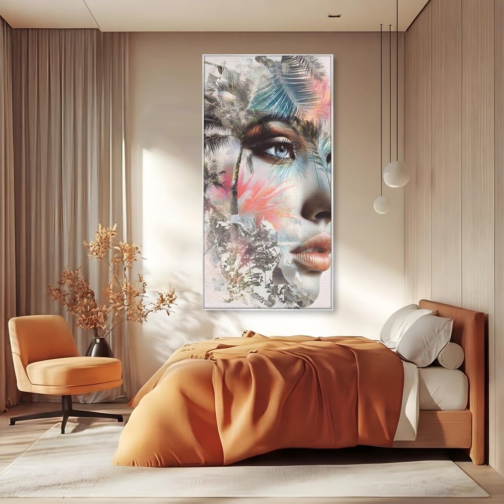Tablou Canvas Premium, LuxCanva® G1236, Suflet Tropical,  Vis, Palmier, Natura, Paradis, Femeie, Soapta, Vant, Lumina, Verde, Jungla, Culori, Pastel, Frumusete, Poezie, Oniric, Salon, Living, Dormitor